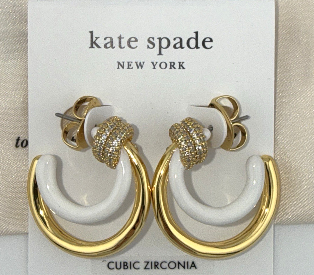 Kate Spade Rope Knot Pave Huggies Earrings C-Hoops Gold Tone White Enamel CZ NEW